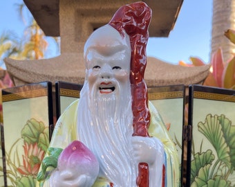 Vintage Chinese Porcelain Figurine of Shou Lao Immortal, God of Longevity Wise Man Holding Peach Good Luck, Famillie Rose, Signed & Numbered