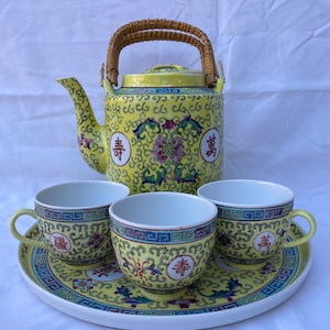 Mun Shou Longevity Yellow Teapot Teacups and Tray, Tea Set of 5, Chinese Tea Cups, Antique Porcelain, Famille Rose, Hand Made Painted, Gift
