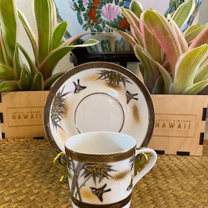 Vintage Genuine Kutani Porcelain Gold Gilt Hand Painted Cup and Saucer Set w/ Bamboo, Birds Pattern Made in Japan - RARE & Collectible!