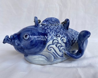 Vintage Blue & White Ceramic Hand Painted Koi Fish Teapot with Metal Handle - Decorated - Made in China