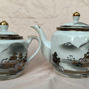 Vintage Genuine Kutani China Porcelain Gold Gilt Japanese Teapot w/ lid and Sugar Bowl Set - Hand Painted Mount Fuji, Pagoda, River-RARE!