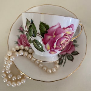 Ridgway Royal Vale Bone China Footed Pink Yellow Rose Tea cup and Saucer Set. Made in England.