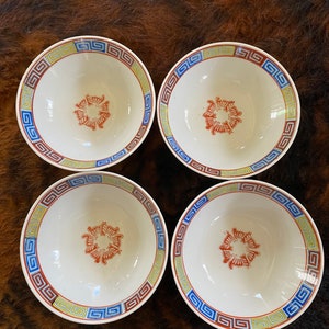 Vintage Eiwa Kinsei Dragon & Phoenix Ramen or Soup bowls Famille Rose Red Dragon Green Phoenix Bird - Made in Japan - Set of 4 FREE Shipping