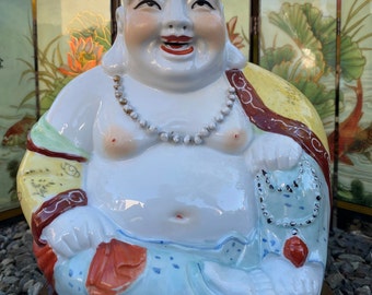 Chinese Vintage Porcelain Figurine, Laughing Sitting Buddha Statue, Happy Buddha, Hotei Famillie Rose, Porcelain Statue, Hand Made Painted