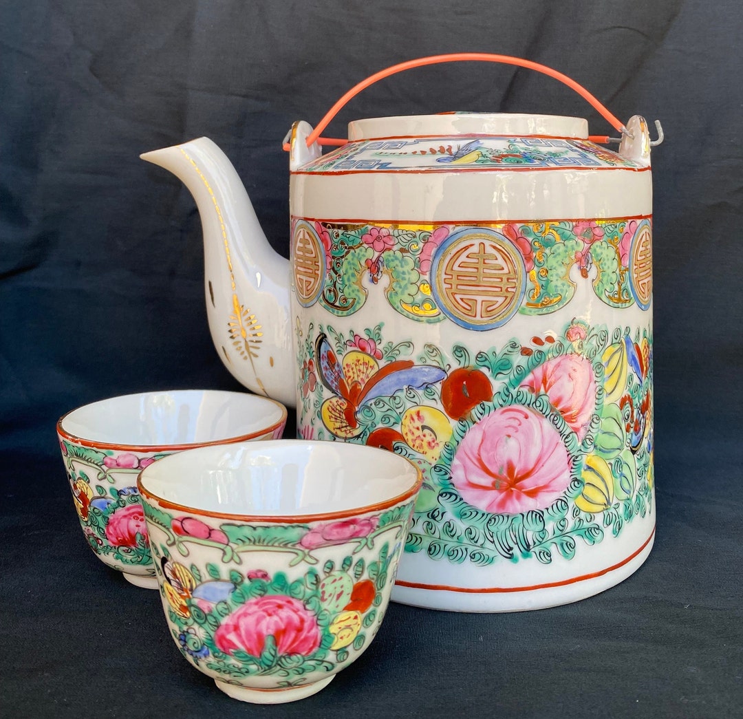 Vintage Rose Medallion Greek Key Famille Rose Tea Set Japanese ...