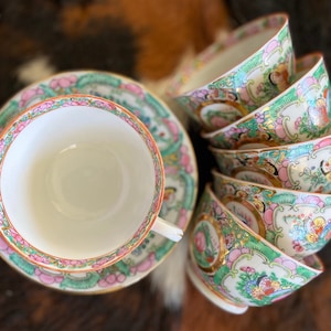 Vintage Rose Medallion Famille Porcelain Coffee Cup & Saucer, 1 Teacup and 1 Saucer Set. Hand Painted/Decorated in Hong Kong Sold Separately