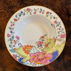 Design Guild Tobacco Leaf Pattern 5087 Handpainted Gold Trim Pink Blue Green Orange  - Chinoiserie -  8.75&quot; Soup Bowls -SOLD INDIVIDUALLY!