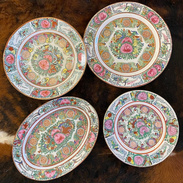 Vintage Canton Famille Rose Medallion Mix and Match Plate Wall - Verte Famille - Chinoiserie Vintage China -Peony Porcelain- Grandmillennial