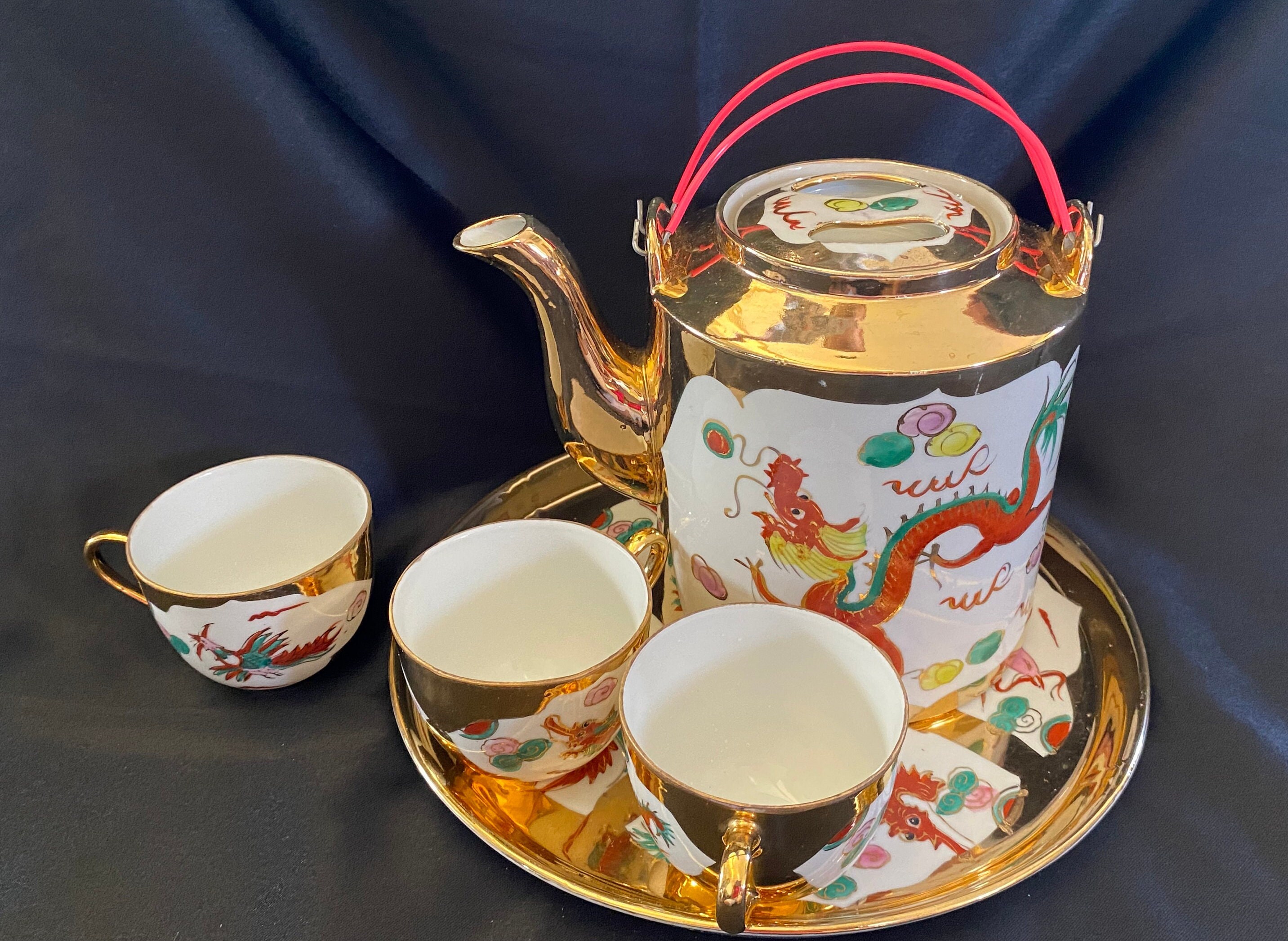 Vintage Chinese Porcelain Tea Service Heavy Gold Gilt Dragon and ...