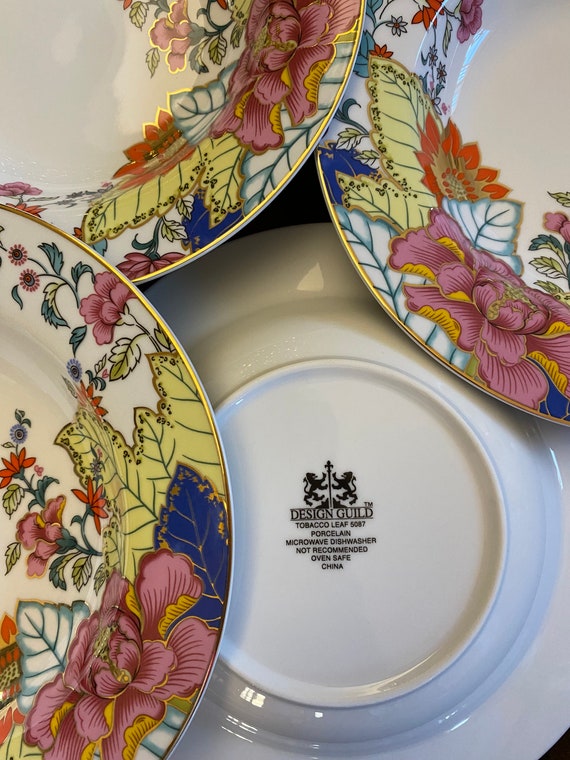 tobacco leaf dinnerware Design Guild Tobacco Leaf Pattern 5087 Handpainted Gold Trim Pink Blue  Green Orange - Chinoiserie - 8.75