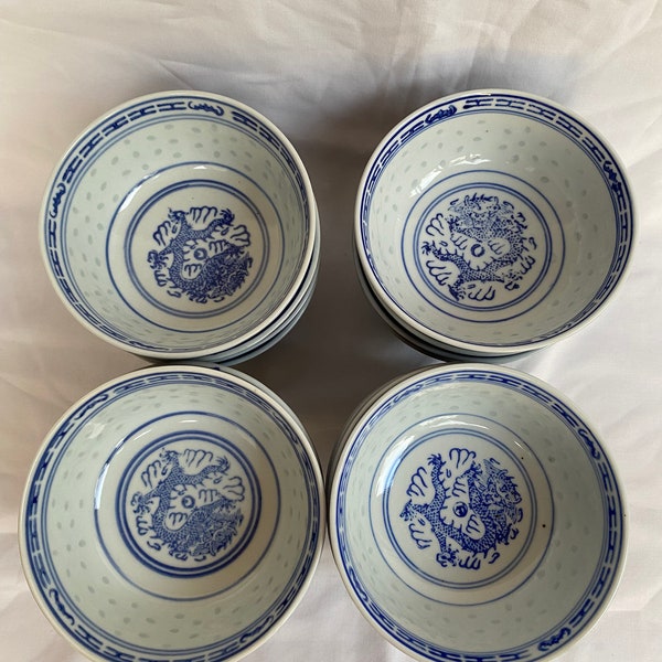 Vintage Chinese Blue & White Dragon Porcelain Soup Bowls Rice Grain Pattern w/ Rice Eye Trim- Hand Painted TIENSHAN Jingdezshen- Set of 4