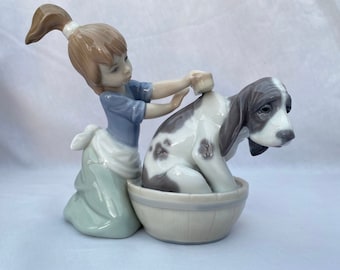 LLADRO Girl Bathing Dog Bashful Bather Dog Figurine Daisa 5455 Porcelain Hand Made in Spain Vintage Statuette Highly Collectible Statue