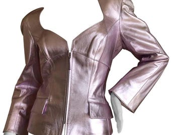Thierry Mugler Couture Rare Pink Metallic Leather Jacket and Skirt Set