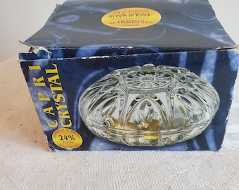 Azucarero/dulcera de cristal tallado vintage con tapa, década de 1970. Caja y cristalería de cristal.