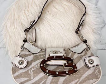 Vintage Guess Baguette Y2K handbag in zebra print canvas and ostrich-effect synthetic leather