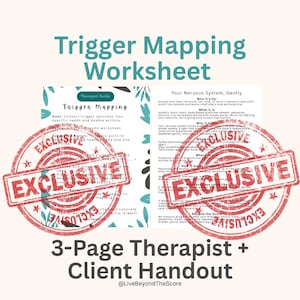 Op de afbeelding: Een 3-pagina's tellende therapeut- en cliënt-hand-out getiteld "Trigger Mapping Worksheet". De werkmap bevat tekst over het omzetten van trigger-episodes in specifieke behoeften en haalbare acties. De afbeelding heeft een lichte achtergrond met het woord "EXCLUSIVE" erop gestempeld.