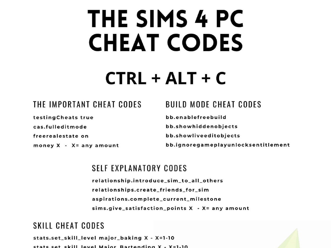 Sims 4 Custom Content the Sims 4 Cheat Code Cheat Sheet Etsy Ireland