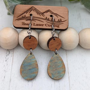 Rustic Teardrop Wood Earrings, Turquoise Patina Wooden Dangle Earrings, Boho Nature Inspired Jewelry