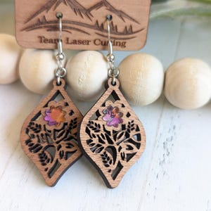 Laser Cut Wood Floral Earrings with Colorful Accents, Mandala Wood Earrings, Flower Wooden Earrings