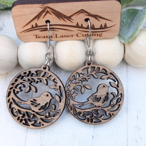 Bird Earrings, Bird Wood Earrings, Wooden Bird Earrings, Nature Inspired Bird Laser Cut Jewelry
