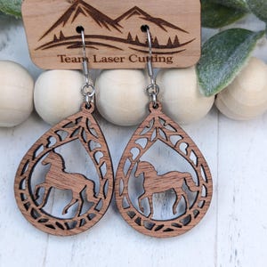 Wooden Horse Teardrop Earrings, Horse Wooden Earrings, Rustic Laser Cut Equestrian Jewelry