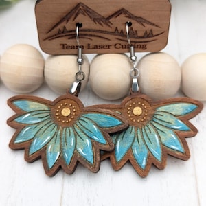 Hand-Painted Sunflower Wood Earrings: Lightweight Mahogany, Hypoallergenic