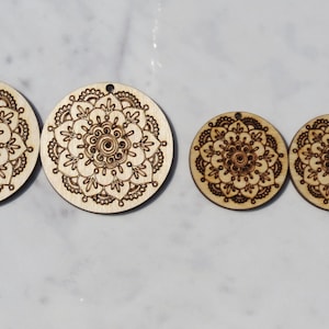 Laser Cut Birch Plywood Earrings: Engraved Mandala, Unfinished Wood