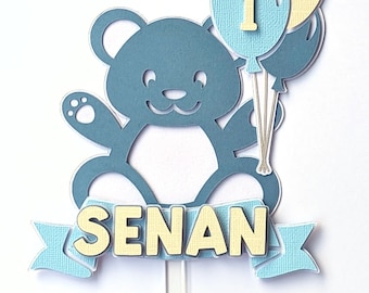 Teddy bear with balloons cake topper, Boy first birthday, Personalised blue party decor for baby