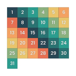 May include: A colorful grid with numbers 1 through 31 in white text. The grid is made up of squares in shades of green, blue, orange, and yellow.