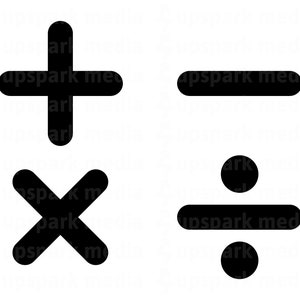 May include: Black and white mathematical symbols: plus, minus, multiply, and divide.