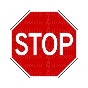 May include: A red octagonal stop sign with white lettering and a black border. The sign reads "STOP" in all capital letters.