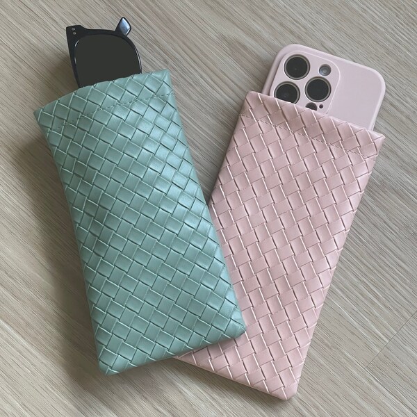Sage | Vegan Leather Sunglass Case | Phone Case | Weaved Design | Boho | Gifts