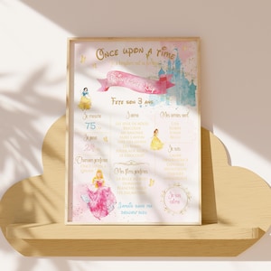 Peut inclure: Une affiche imprimable avec un fond aquarelle représentant un château et des princesses. L'affiche est décorée de paillettes dorées et comprend une liste de faits sur un enfant, tels que son âge, sa taille, son poids, ses activités préférées et ses films préférés. Le texte sur l'affiche indique "Once Upon A Time" et "Fête Son 3 Ans".