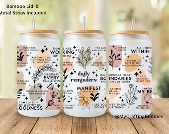 Daily Reminder Affirmations| Motivational Beer Can Cup 16 oz | Boho Chic Self Love| Remind yourself daily to love yourself