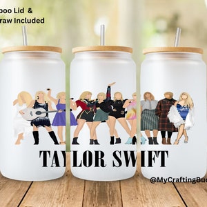 T.S. Glass Cup | Taylor Swiftie Eras with Bamboo Lid | 16oz Libbey Glass | Frosted | Eras | Unique Gift