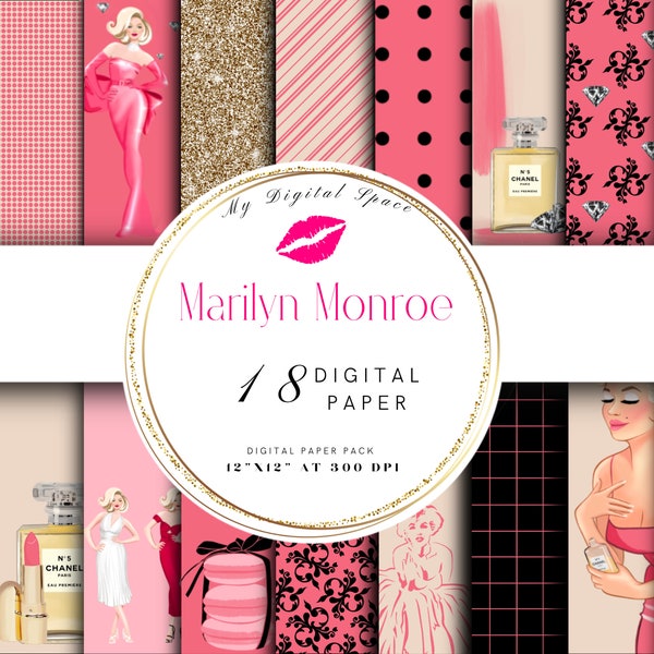 Papier numérique de Marilyn Monroe, papiers de scrapbooking de Marilyn, macarons, cupcakes, Marilyn Monroe, diamants, rose, robe d'anniversaire