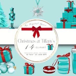 Imágenes navideñas inspiradas en Tiffany / Dibujos navideños en PNG dibujados a mano / Cascanueces, regalos y macarons / Descarga instantánea