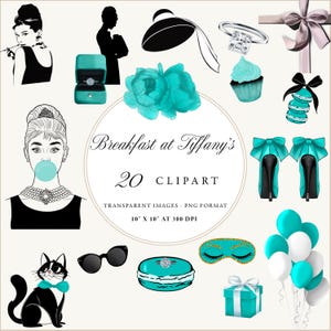 Breakfast at Tiffany’s Clipart – 20 PNG Fashion Illustrations, Audrey Style Art, Gift Box, Macaron, Heels, Cat, Digital Graphics