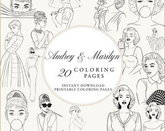 Dibujos para colorear de Audrey y Marilyn: Iconos vintage dibujados a mano / 20 hojas para colorear de moda imprimibles (Audrey Hepburn y Marilyn Monroe)