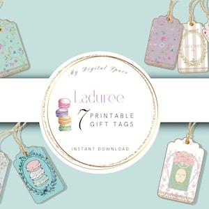 Pode incluir: Sete etiquetas de presente imprimíveis com um design floral pastel, um design de macaron e um logotipo Ladurée. As etiquetas são decoradas com detalhes dourados e têm uma estética vintage.