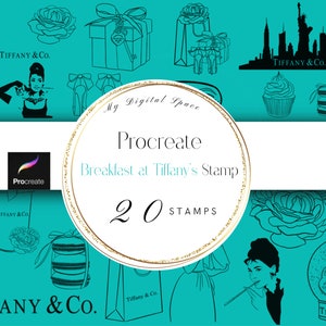 May include: A set of 20 digital stamps for the Procreate app, featuring illustrations inspired by the film Breakfast at Tiffany's. The stamps include images of Tiffany & Co. boxes, a cupcake, a rose, a cityscape, and Audrey Hepburn as Holly Golightly.