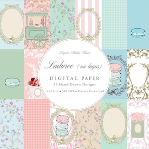Pacchetto di carta digitale ispirato a Ladurée: 25 disegni pastello di macaron e fiori / Carta per scrapbooking 12x12"