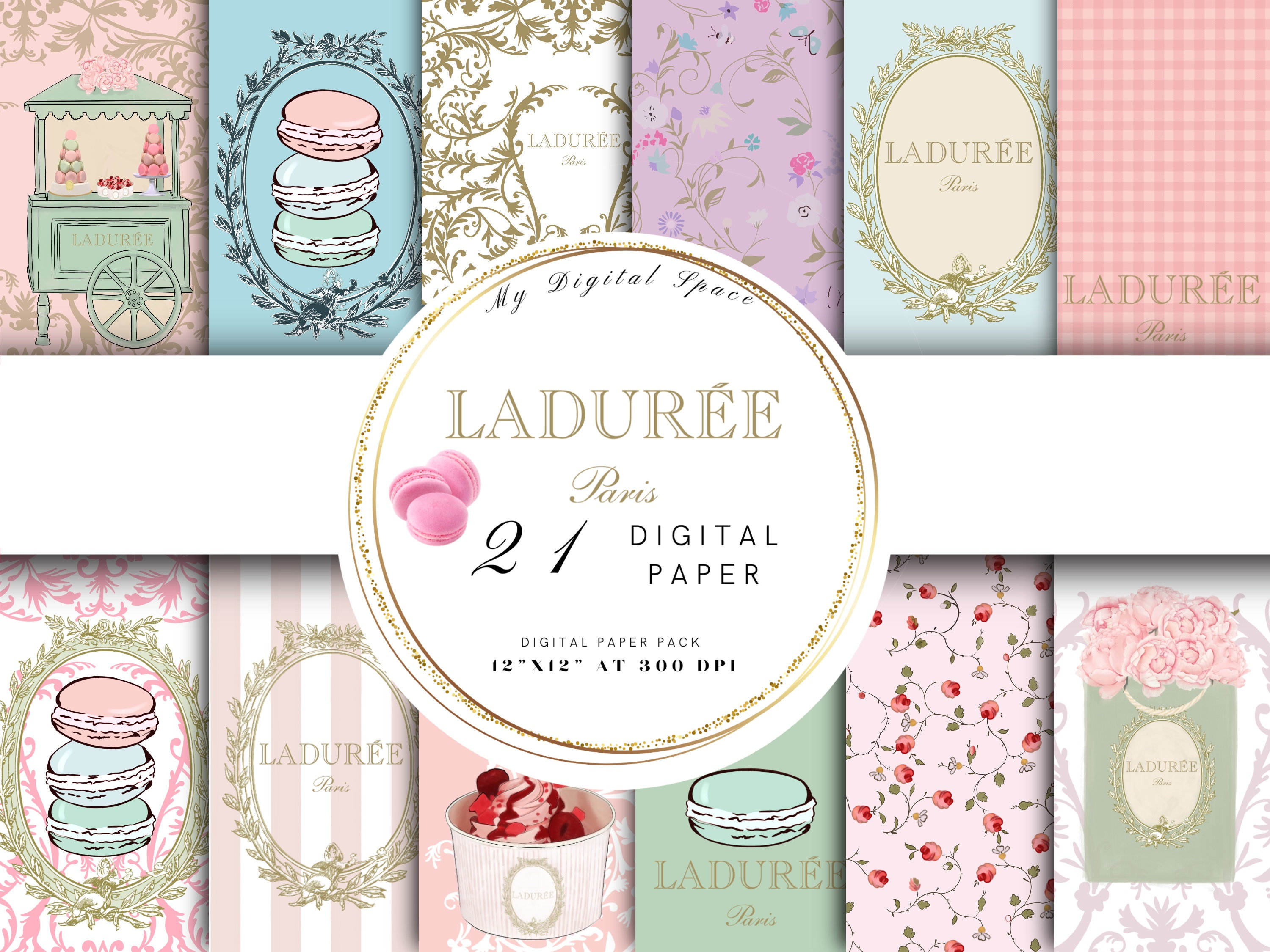 Ladurée-inspired Digital Paper Pack – 21 Pastel Macaron
