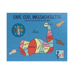 Rompecabezas de 520 piezas con mapa de Cape Cod, Massachusetts / Ciudades costeras, brújula náutica