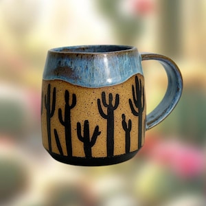 Handcrafted Stoneware Mug, Cactus, Night Desert, Saguaro, Pottery Mug, Artisan Ceramic Gift for Coffee and Tea Lovers, Made in Texas