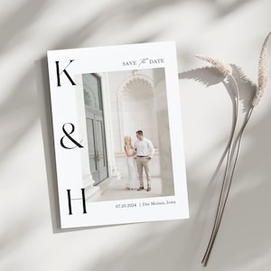 Moderne minimalistische Save the Date-sjabloon, bewerkbare foto Save the Date, afdrukbare Save the Date-fotokaart, dubbelzijdige huwelijksuitnodiging