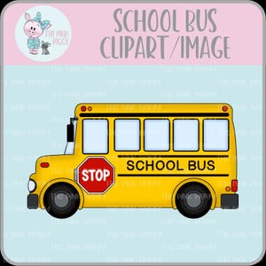 Pode incluir: Ilustração de um ônibus escolar amarelo com pneus pretos, janelas e texto que diz "SCHOOL BUS" e "STOP". A imagem também inclui um porco de desenho animado com um laço e o texto "THE PINK PIGGY".