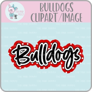 Puede incluir: Diseño de lunares rojos y blancos con la palabra "Bulldogs" en letras negras. El diseño es perfecto para un logotipo de escuela o equipo.