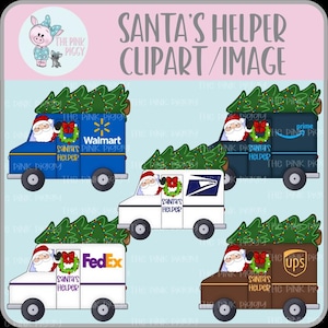 May include: A digital illustration featuring Santa Claus driving delivery trucks from various companies, including Walmart, Amazon Prime, USPS, FedEx, and UPS, each carrying a Christmas tree. The image includes the text "SANTA'S HELPER CLIPART/IMAGE."