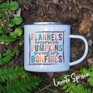 Thanksgiving Enamel Mug, Flannels Hayrides Pumpkins Sweaters & Bonfires Camping Mug, Cute Camping Mug, Gift for her